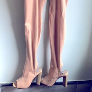 Size 6.5 thick spandex type material thigh high peep toe boot